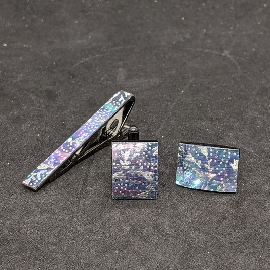 金彩ネクタイピン・カフスボタンセット / 黒螺鈿・銀箔仕様